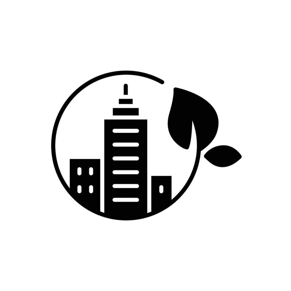 Green city solid style. Nature, business, house, tree, landscape, construction, building, leaf, environment concept. Black silhouette, glyph symbol. Illustration isolated. vector