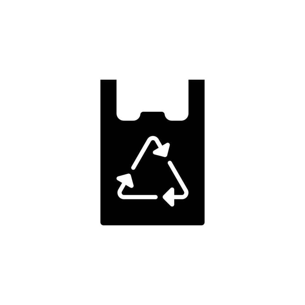 Recyclable bag solid style. Plastic bag with recycle sign, eco, garbage, reuse, pollution, life, environment concept. Black silhouette, glyph symbol. Illustration isolated. vector
