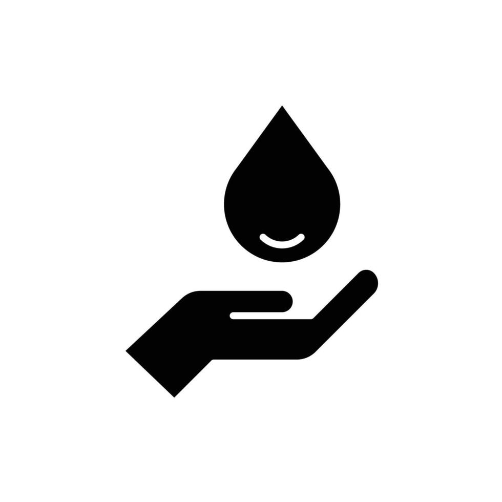 Save water solid style. Hand with water drop, hygiene, clean, energy, care, purity, sea, health, environment concept. Black silhouette, glyph symbol. Illustration isolated. vector