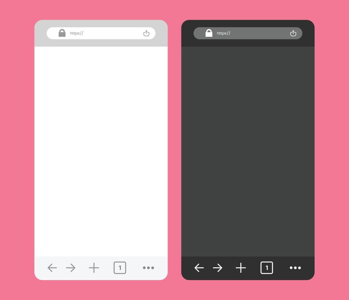 Two smartphone browser mockups, one light and one dark mode, on a pink background. Stock Illustration vector
