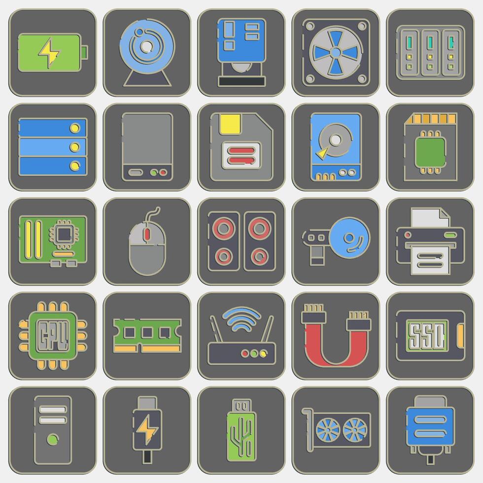 Icon set of computer components. Computer components elements. Icon in embossed style. vector