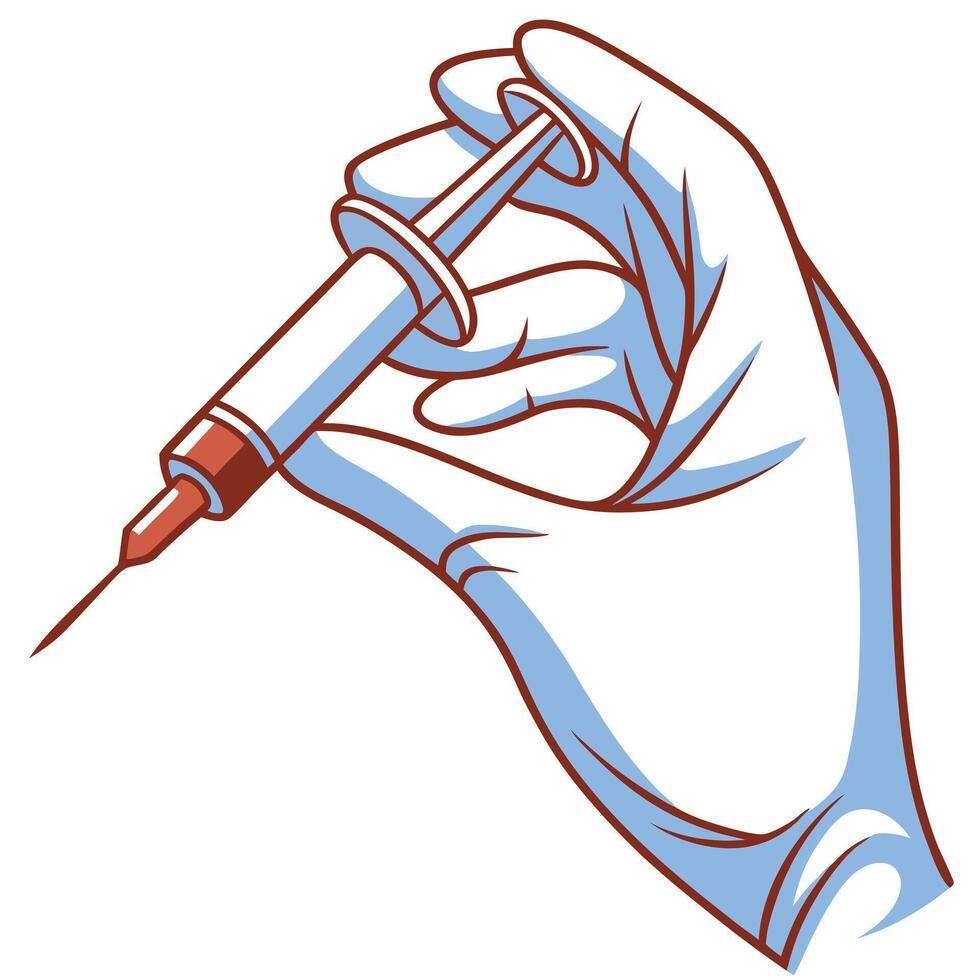 A gloved hand holding a syringe filled with a red liquid against a white background vector