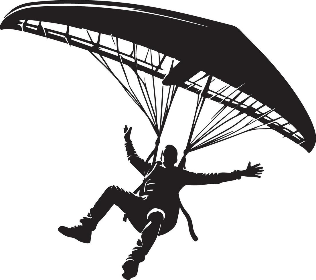 Silhouette of a man hang gliding with arms outstretched against a white background vector
