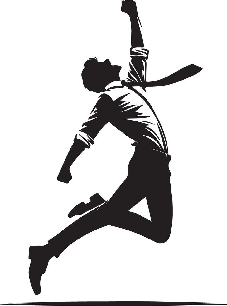 Silhouette of a man in a shirt and tie jumping with his fist raised in the air victoriously vector