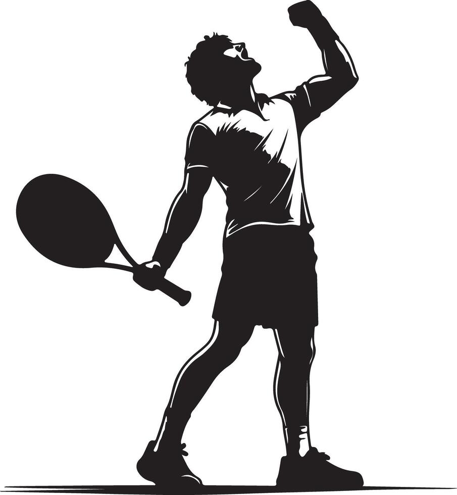 A tennis player in black and white celebrating with a raised fist and tennis racket vector
