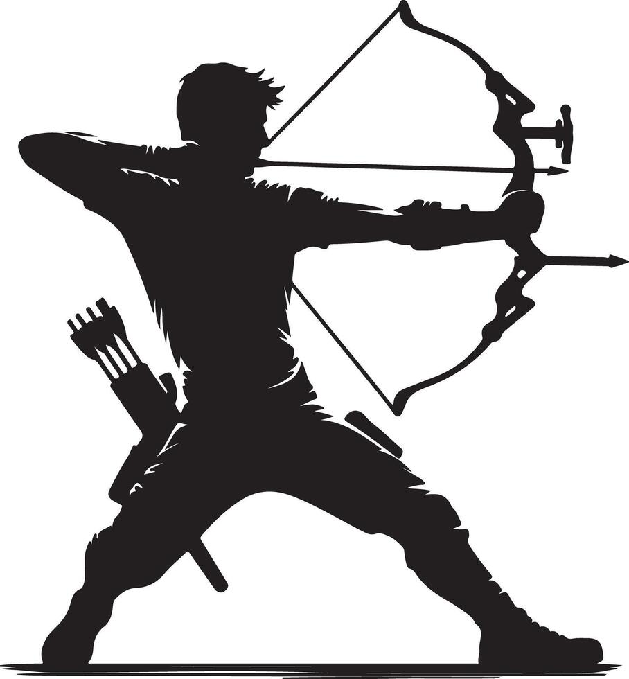 Silhouette of archer aiming bow and arrow in stance against a white background art vector