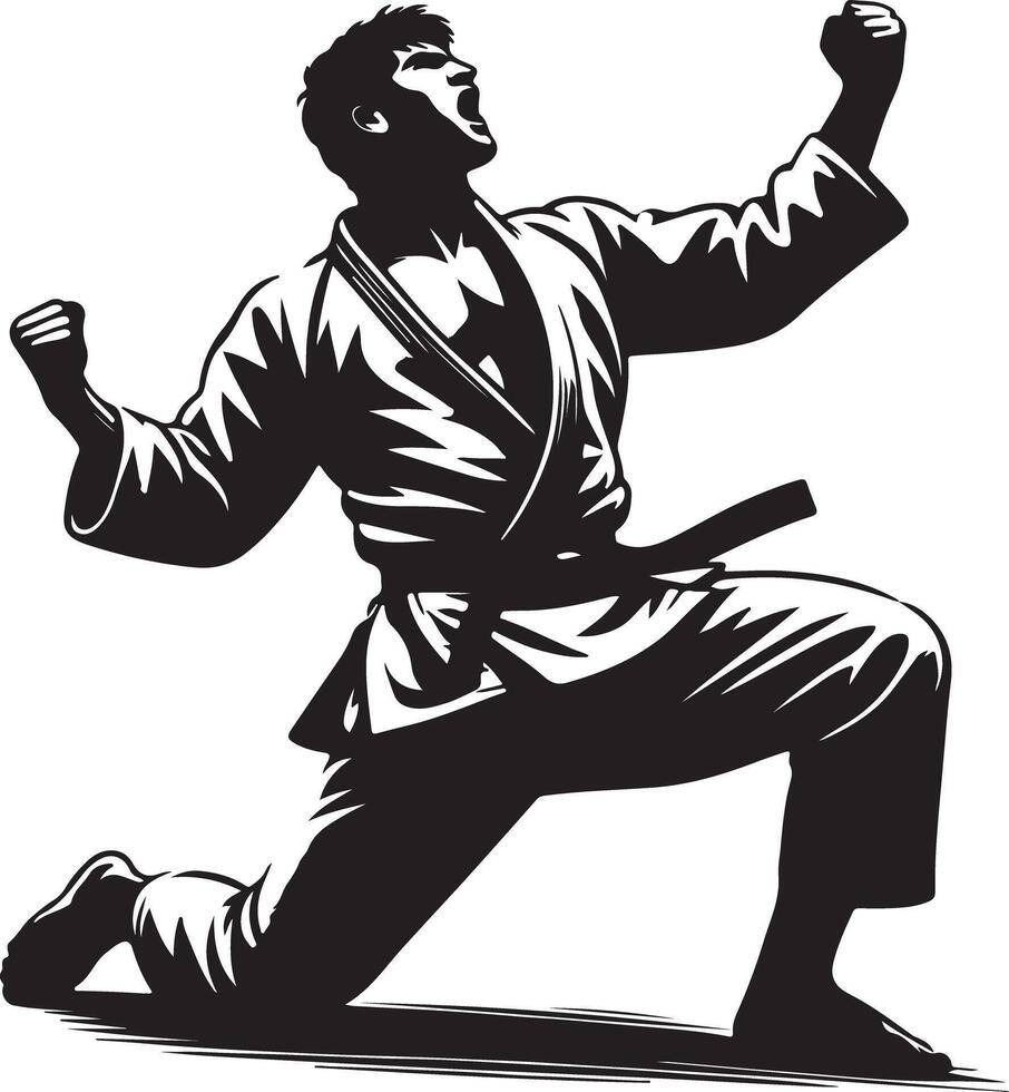 Silhouette of a man in a karate gi kneeling and raising his fists in celebration vector
