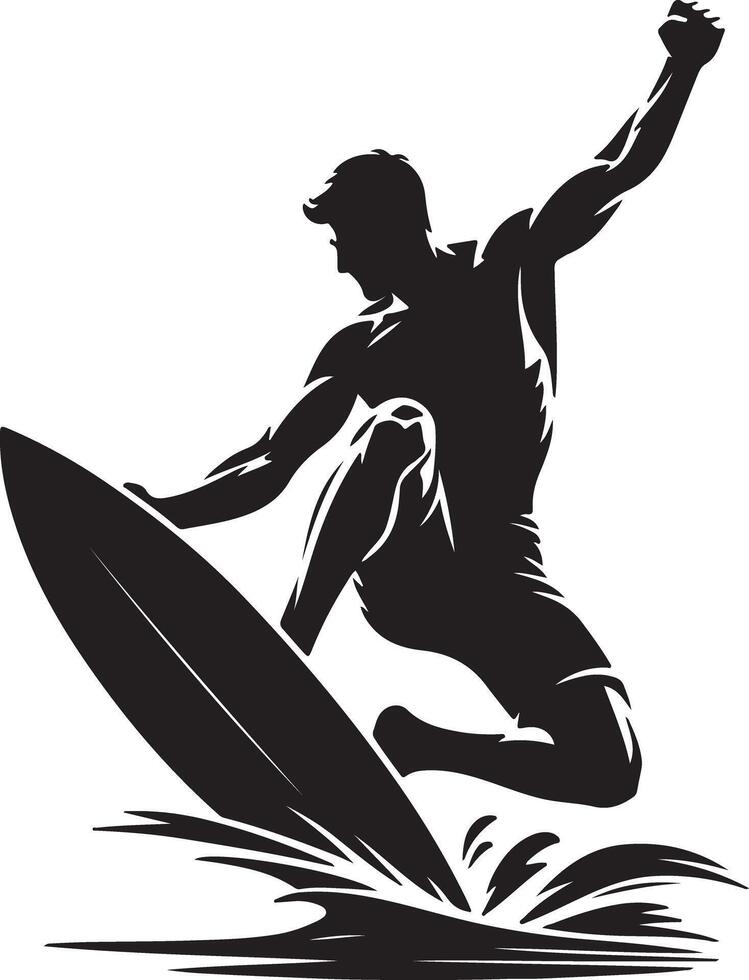 Silhouette of a surfer riding a wave with arm raised in a black and white image vector