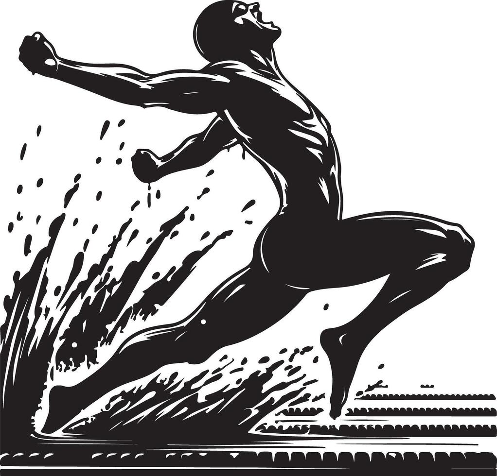 A stylized black and white illustration of a figure leaping with arms outstretched up vector