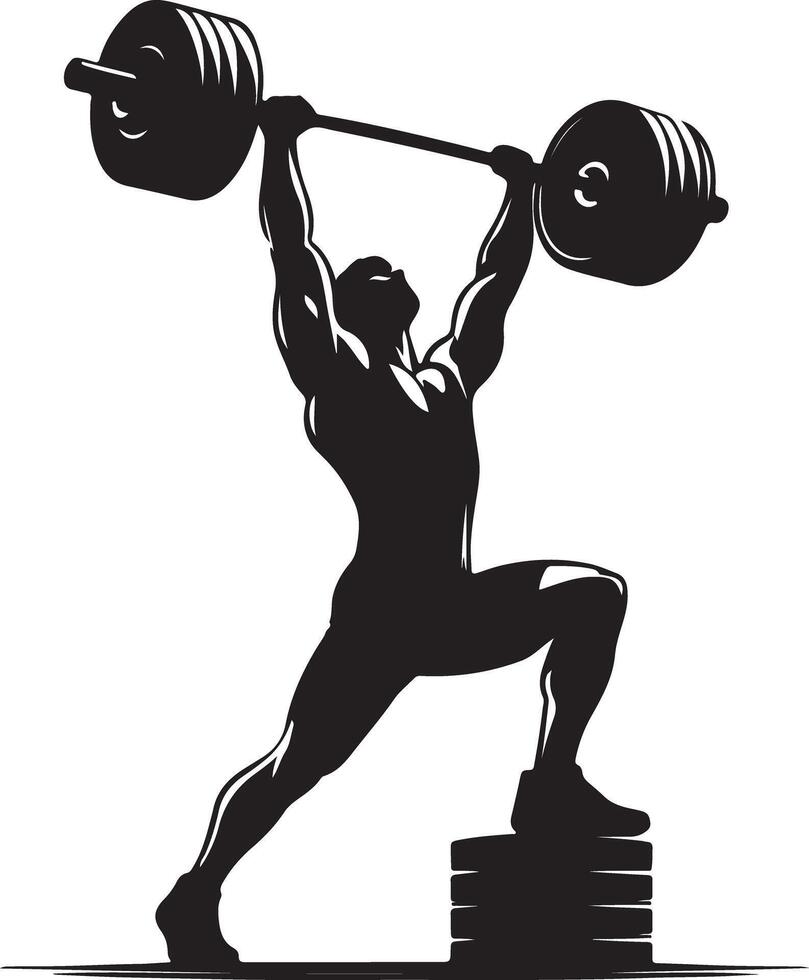 Silhouette of a muscular man lifting a heavy barbell overhead while standing on blocks vector
