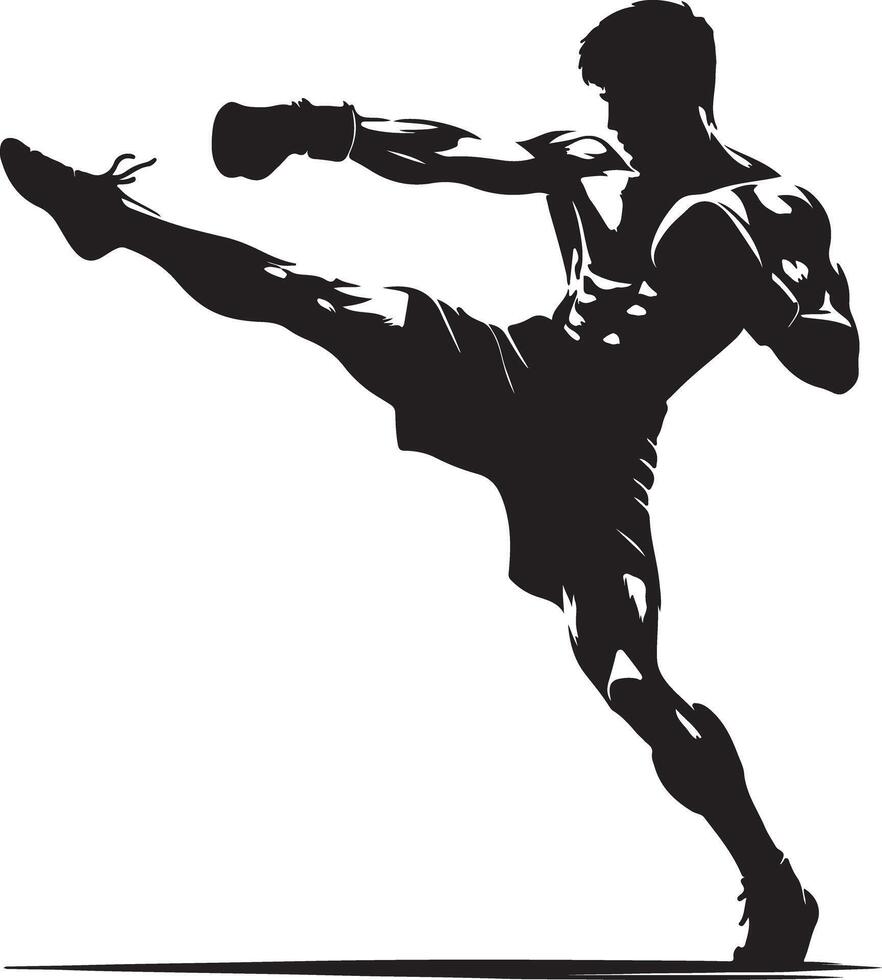 Silhouette of a muscular man in boxing gloves performing a kick against white background vector