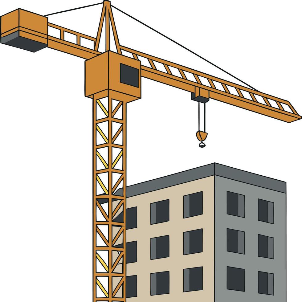 A cartoon illustration of a construction crane next to a building under construction vector