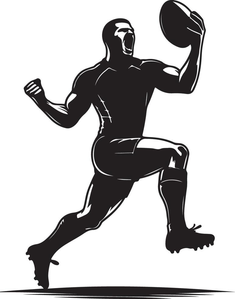 A black and white illustration of a rugby player celebrating with a rugby ball held high vector