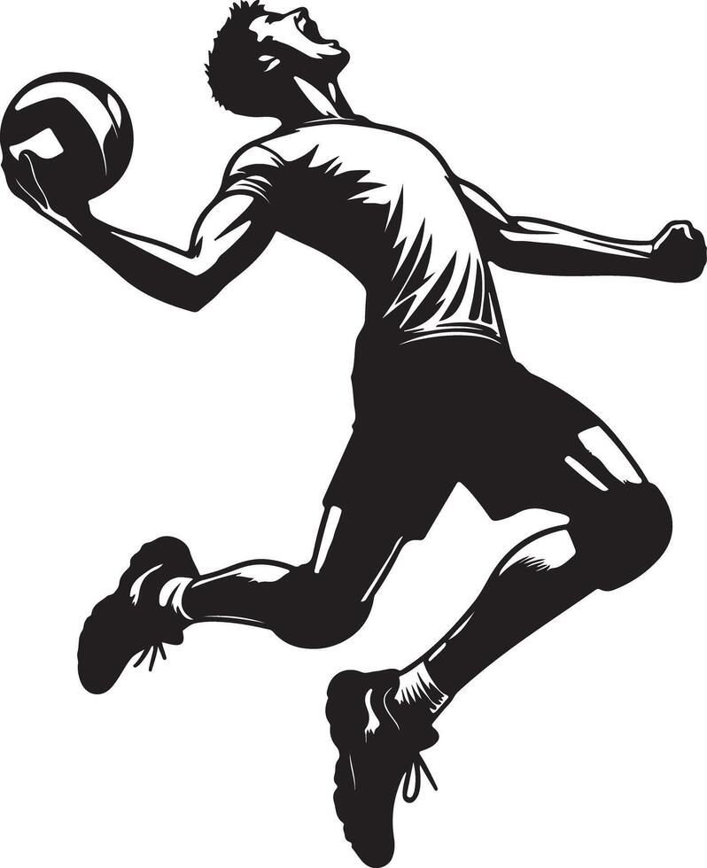 Black and white illustration of a volleyball player jumping to spike the ball high up vector