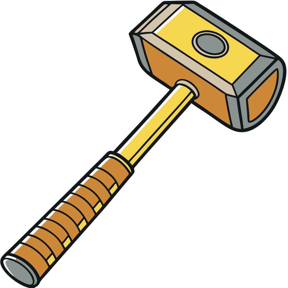 Illustration of a cartoon style yellow and grey sledgehammer with a brown handle grip vector