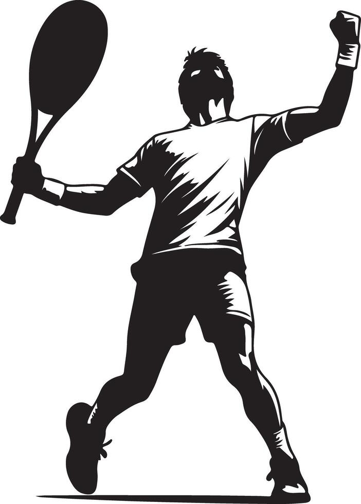 A silhouette of a tennis player celebrating with a racket on a white background vector