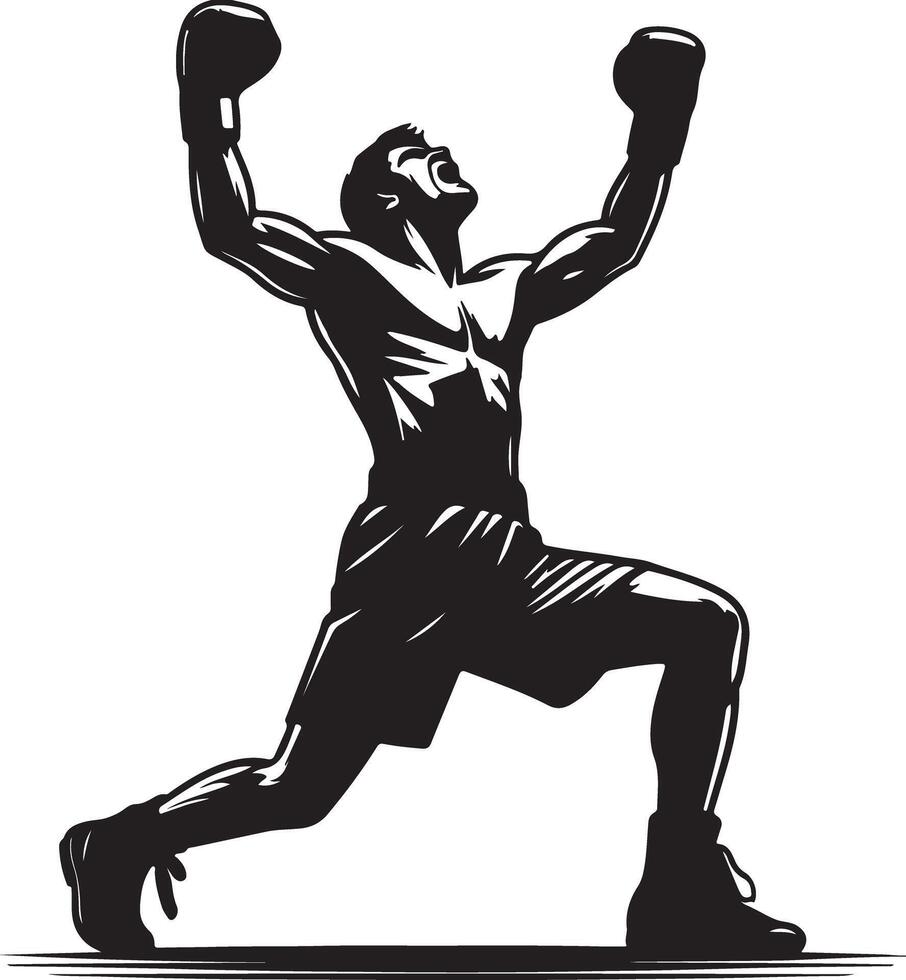 A black and white illustration of a boxer celebrating with raised arms and yelling vector