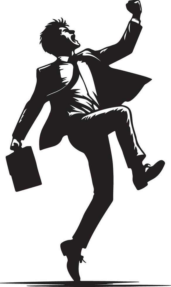 A black and white illustration of a man in a suit celebrating with a briefcase vector