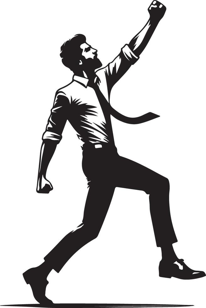 A monochrome illustration of a man in a suit raising his fist in celebration vector