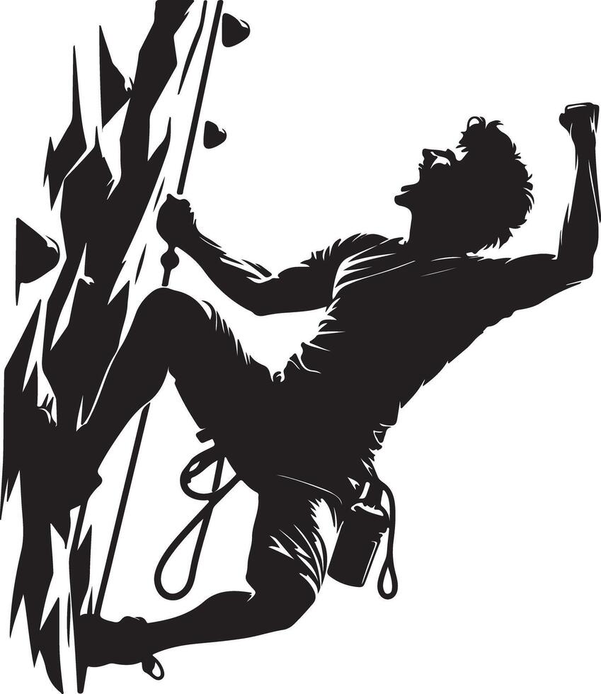 Silhouette of a man rock climbing with one arm raised in a triumphant gesture vector