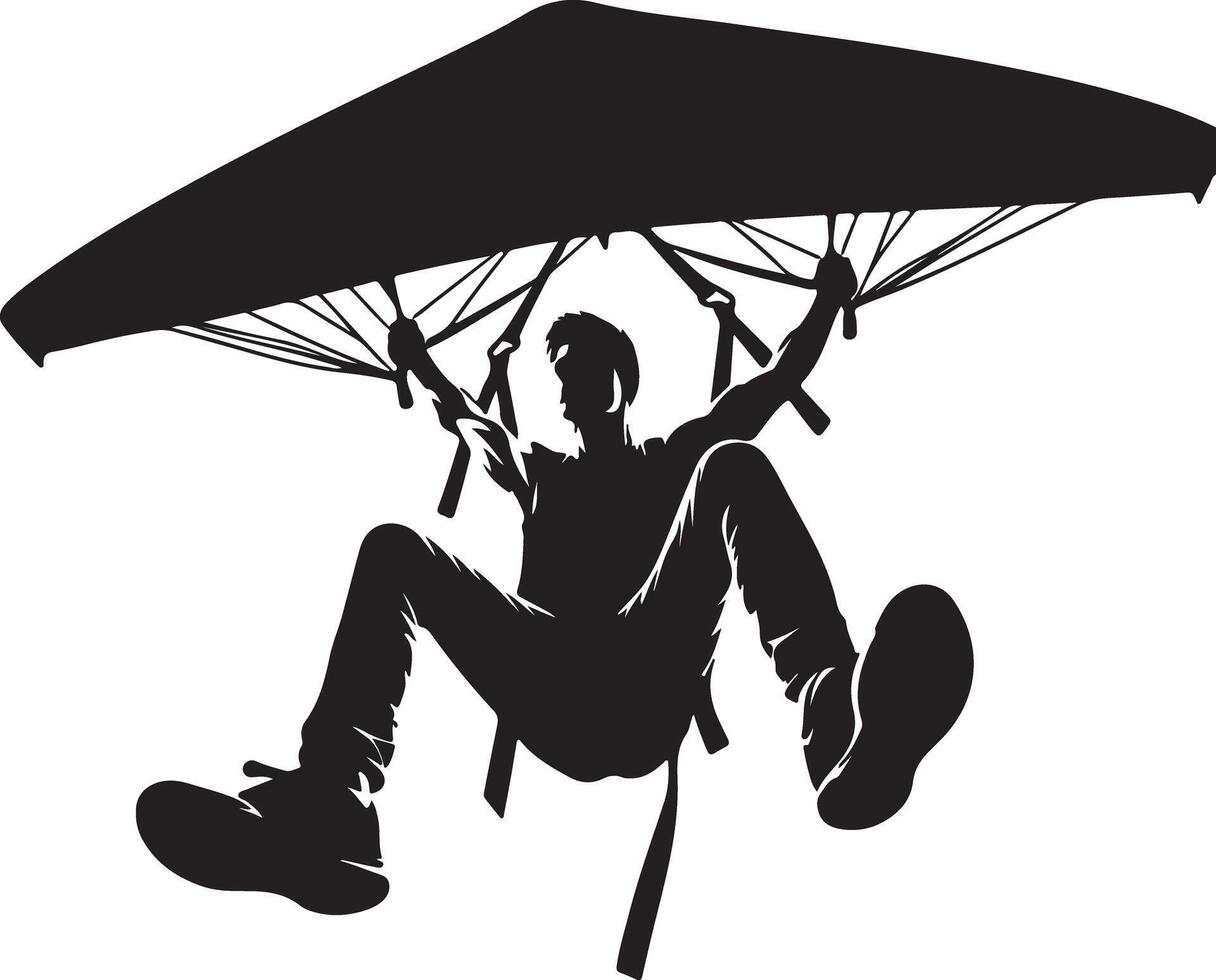 Silhouette of a man hang gliding with arms raised and legs extended against white sky vector