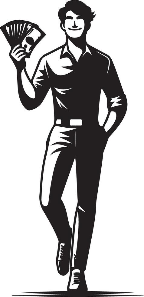 A confident man in a shirt and pants holding money in his hand in black and white art vector