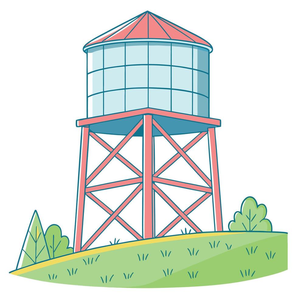 Illustration of a water tower with a red roof and a grassy hill at the bottom vector