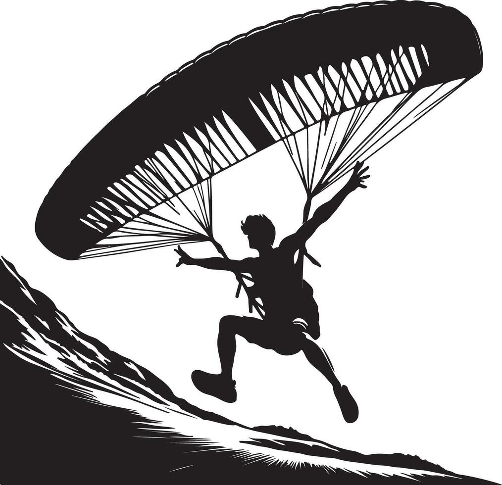 Silhouette of a man paragliding off a hill with a large parachute in black and white vector