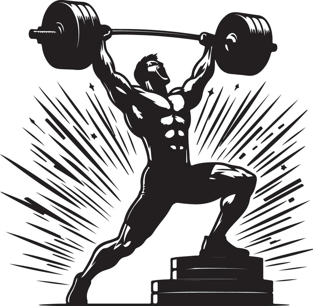A muscular man lifting a barbell overhead while standing on stacked weight plates vector