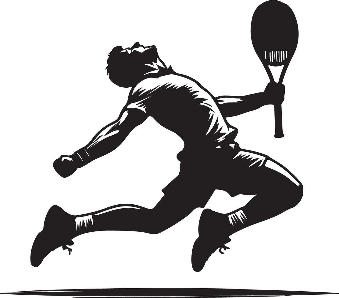 Silhouette of a tennis player in mid air holding a racket against a white background vector