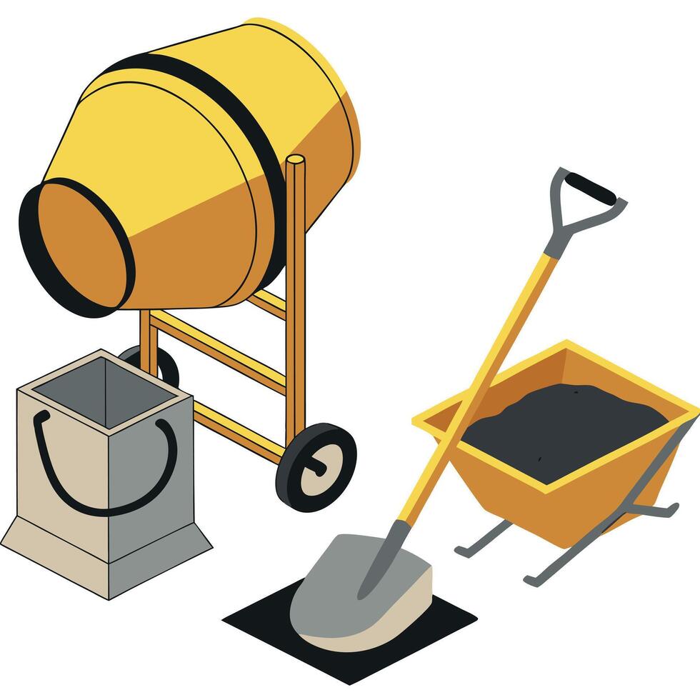 A cement mixer, shovel and bucket vector