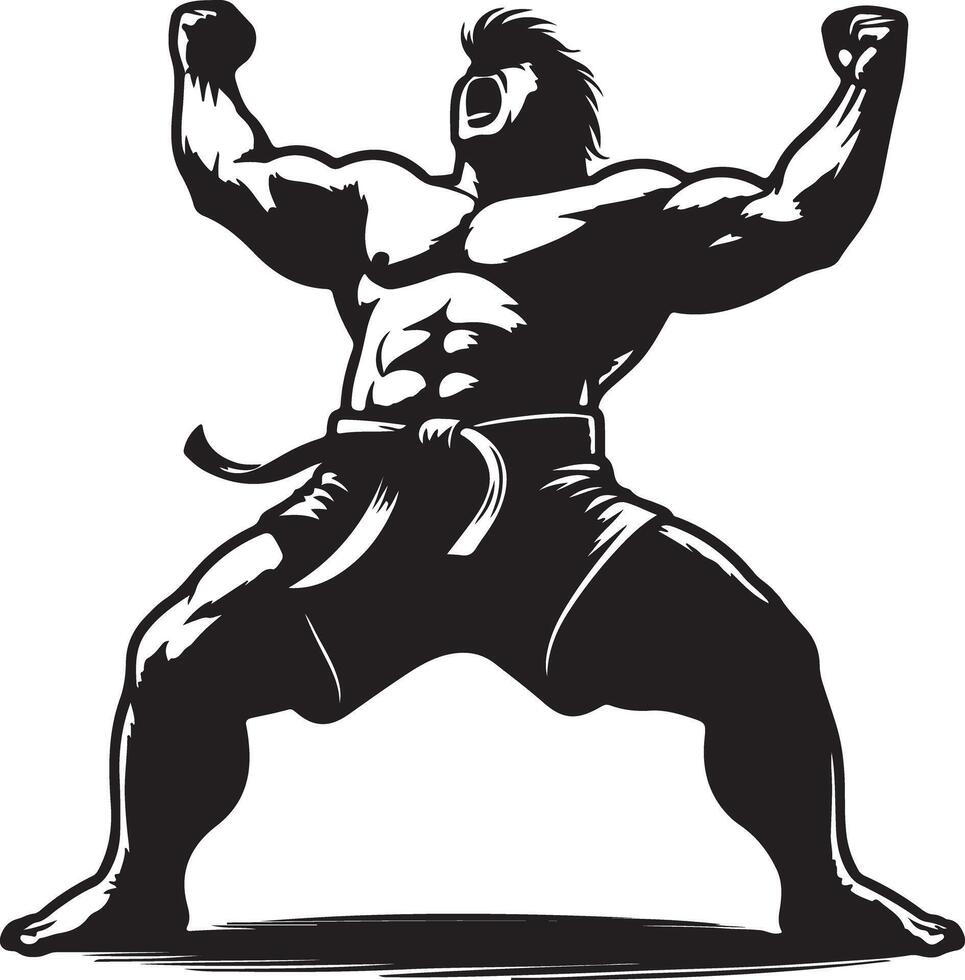 A muscular martial artist in a victorious pose with arms raised and mouth open wide vector