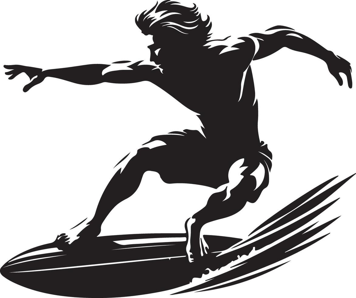 Silhouette of a surfer riding a surfboard with water trails on a white background vector