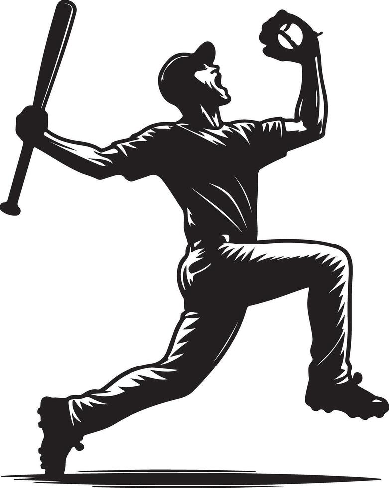 Silhouette of baseball player jumping with bat and glove in black and white art vector