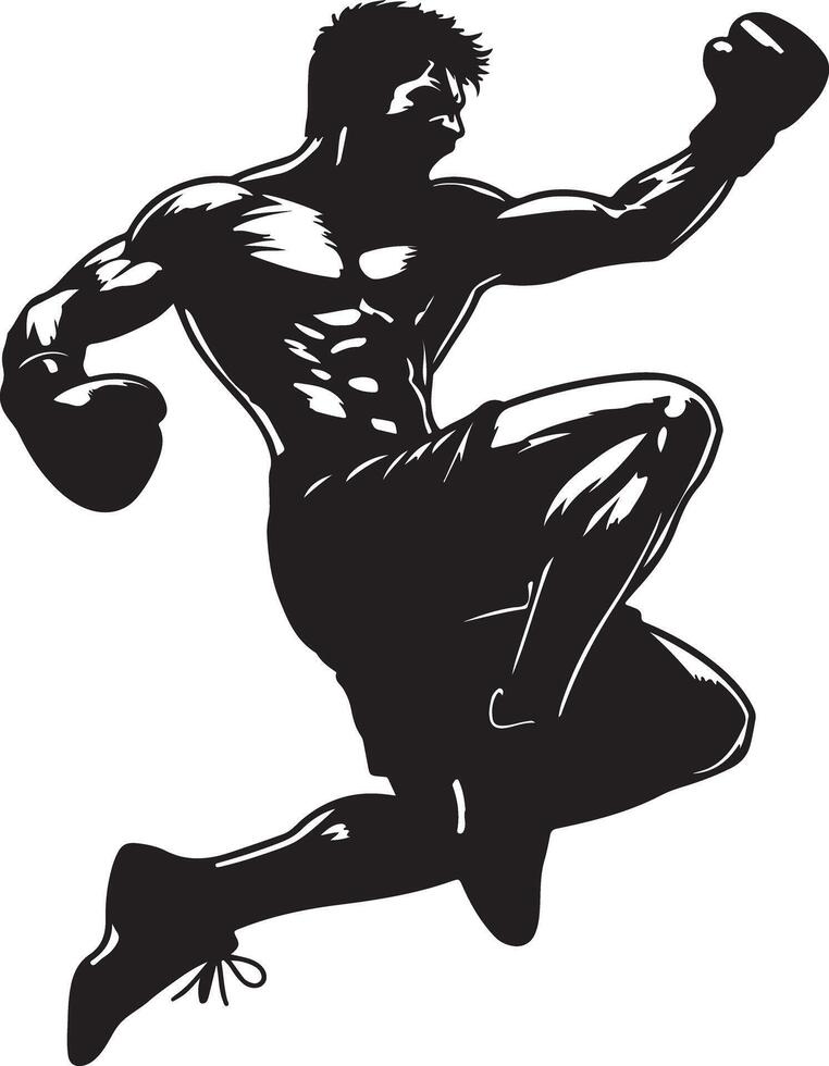 A monochrome illustration of a muscular boxer leaping with a raised gloved fist up vector