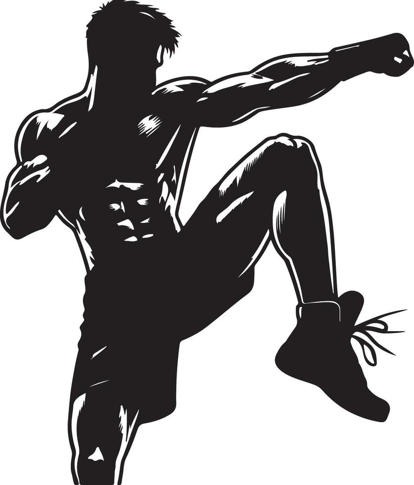 Silhouette of muscular man in boxing stance with raised knee and clenched fists artwork vector