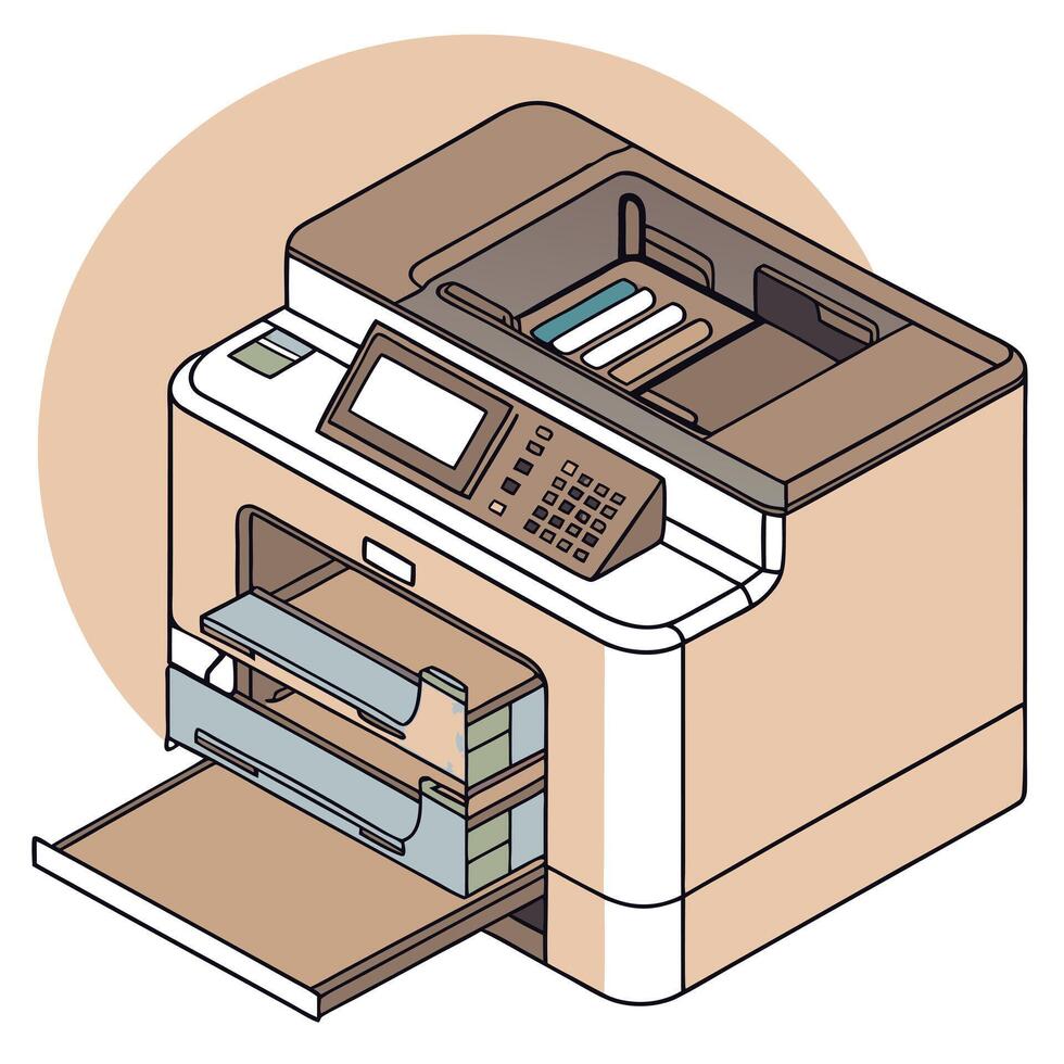 Isometric illustration of a printer with paper trays and control panel on beige background vector