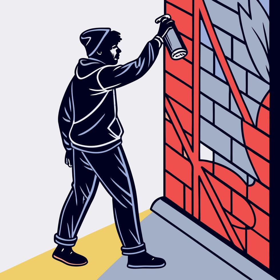 A man is painting a wall with spray paint vector