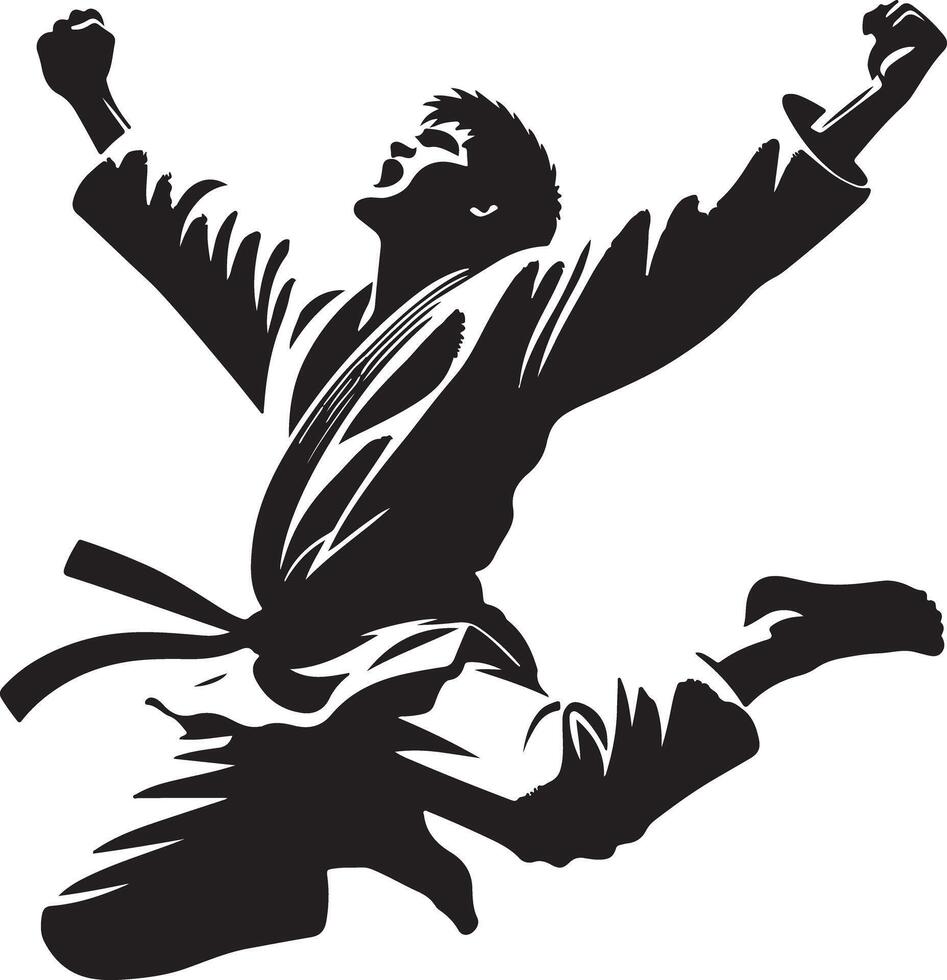 Silhouette of a man in a karate uniform jumping with his arms raised in celebration vector