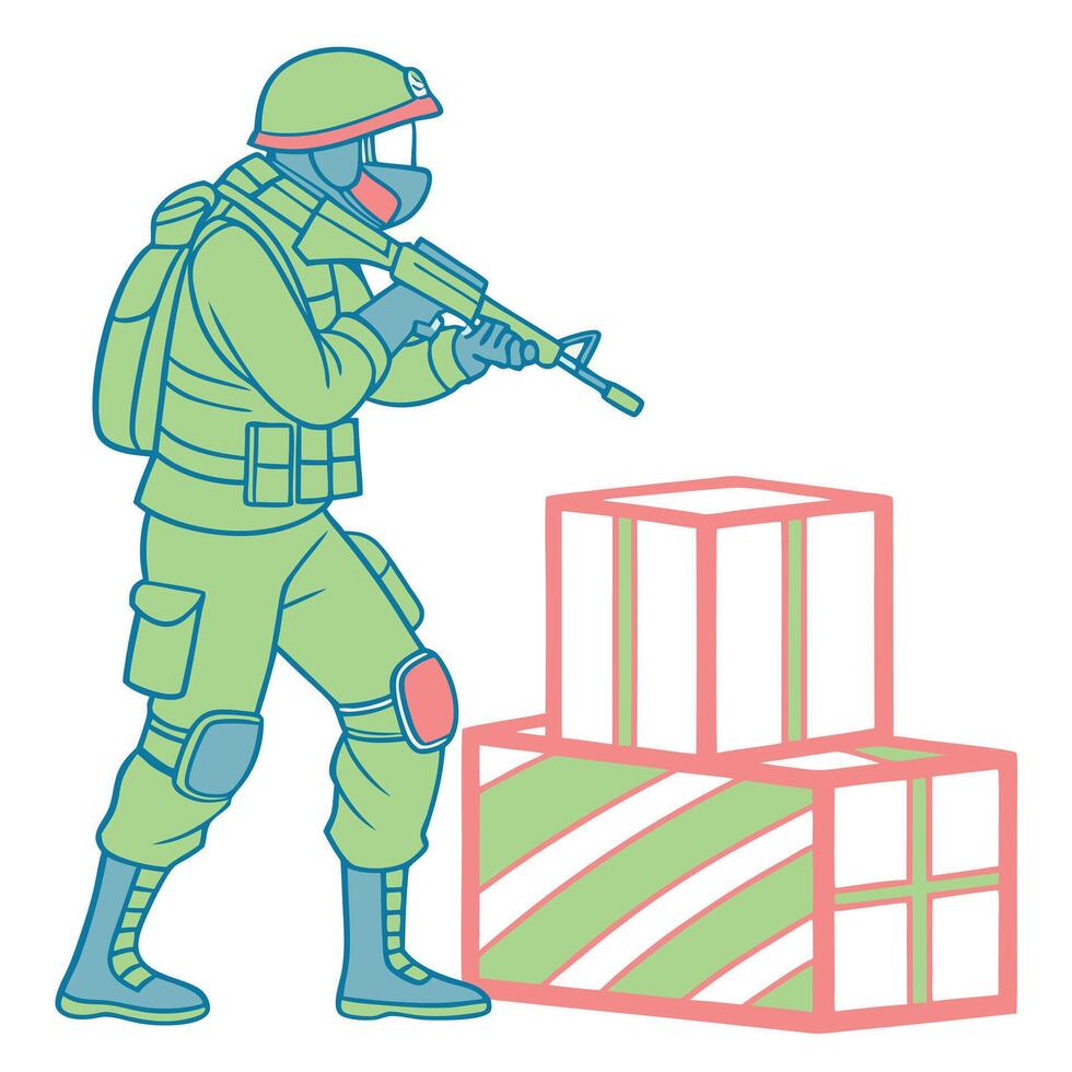 Illustration of a soldier in uniform aiming a rifle near stacked boxes on a white background vector