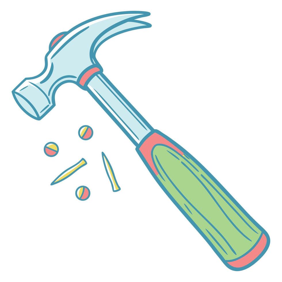 A cartoon style image shows a hammer with a green handle and nails scattered around it vector