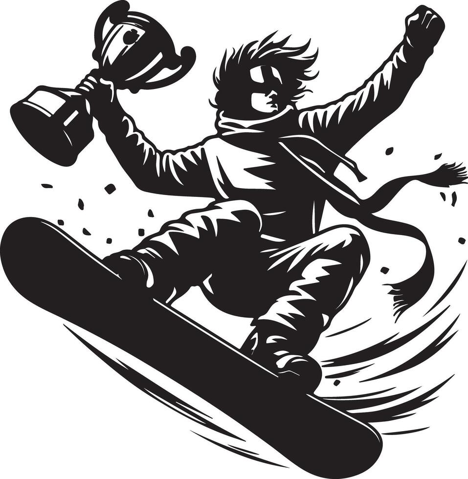 A snowboarder holding a trophy in the air while riding a snowboard in black and white vector