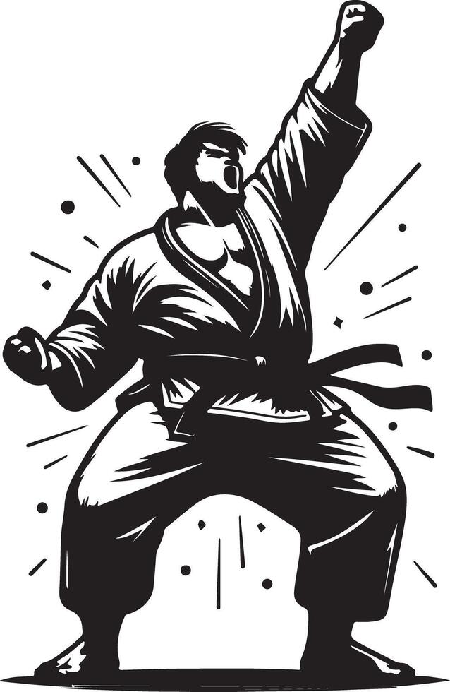 A monochrome illustration of a karate practitioner in a victorious pose with a black belt vector