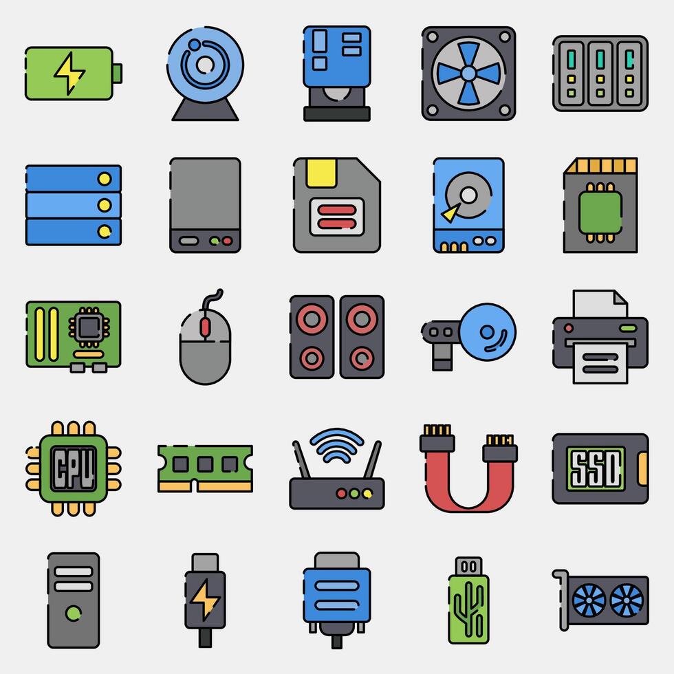 Icon set of computer components. Computer components elements. Icon in filled line style. vector