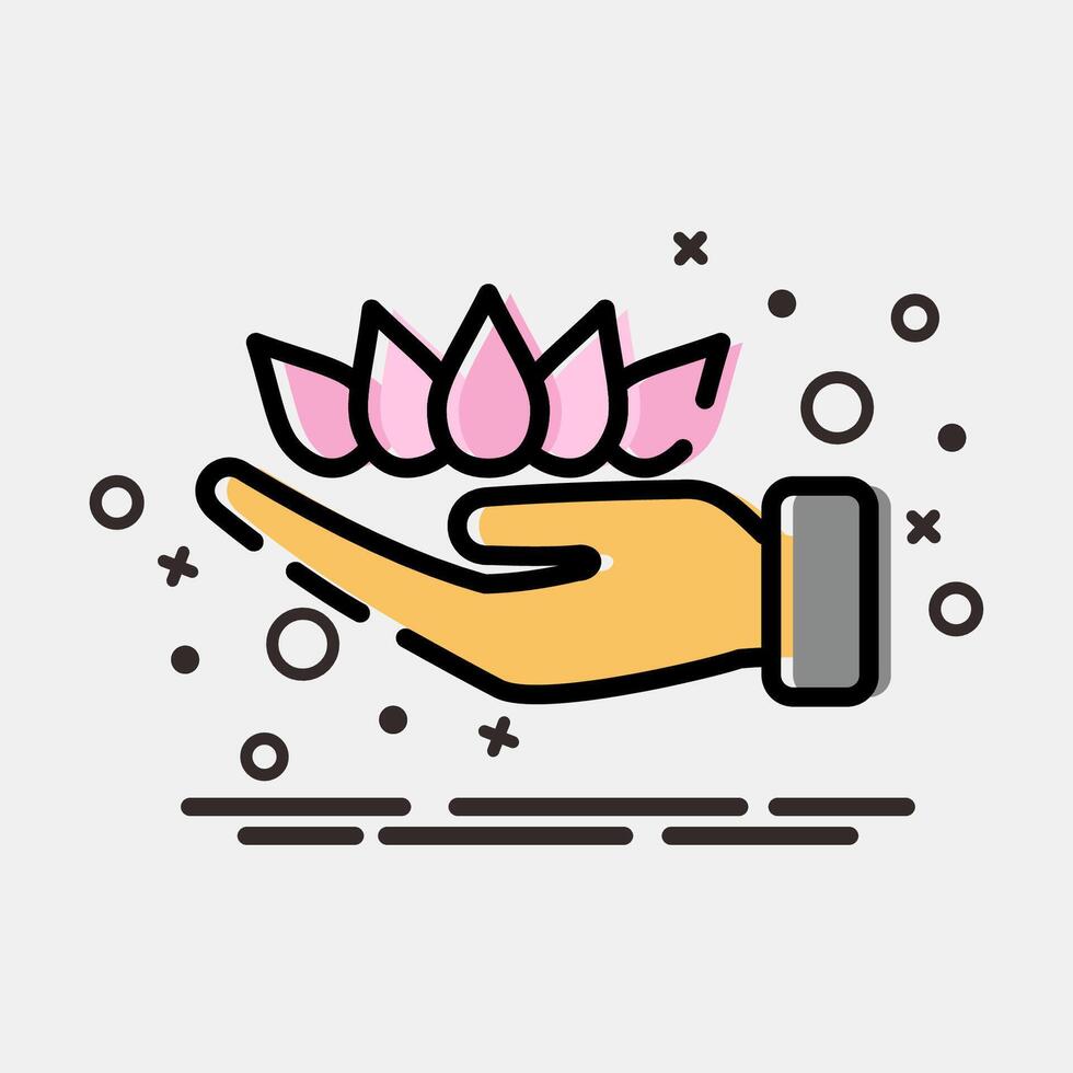 Icon lotus on hand. Buddhism and vesak elements. Icon in MBE style. vector