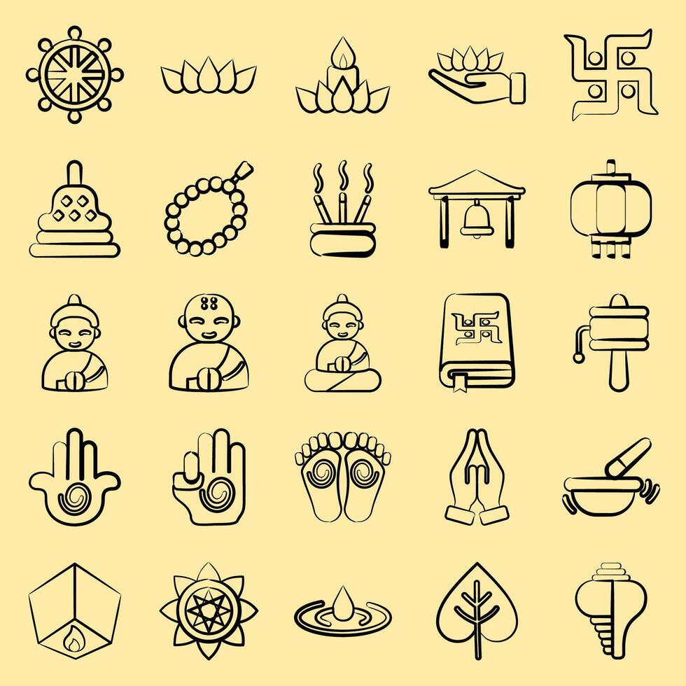 Icon set of buddhism. Buddhism and vesak elements. Icon in hand drawn style. vector