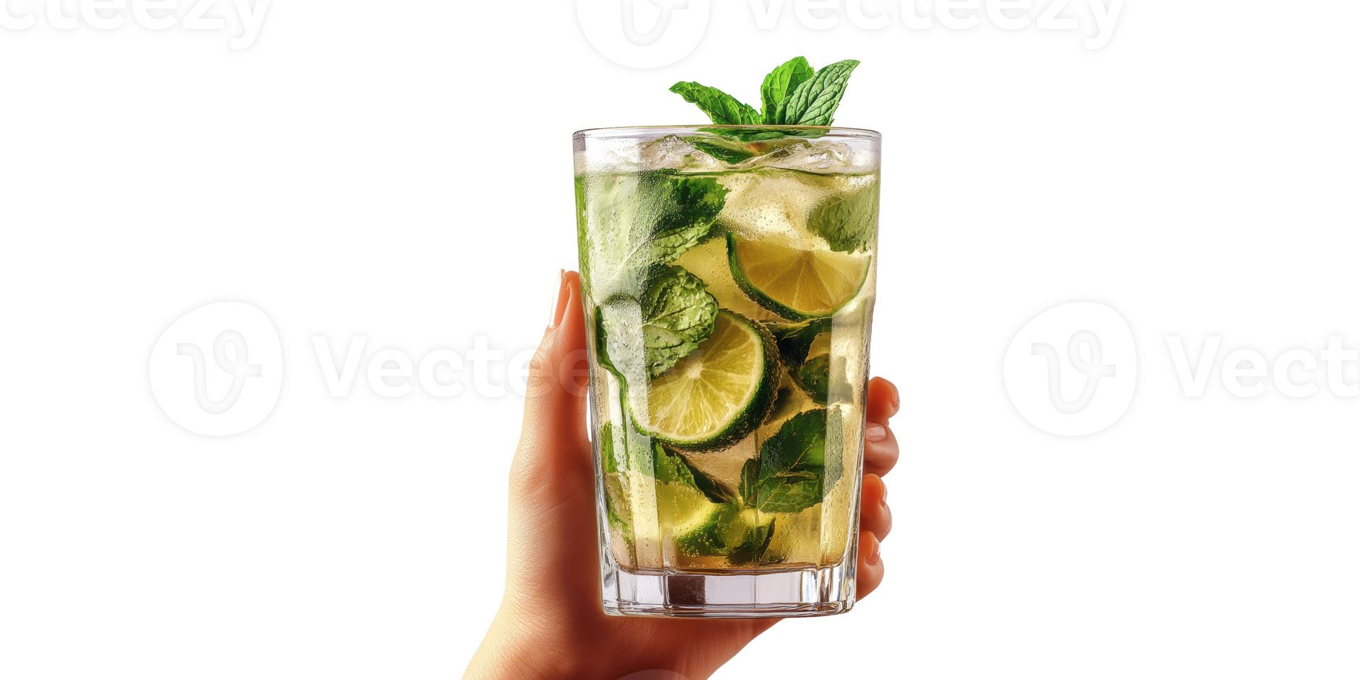 Refreshing Mojito Cocktail With Lime And Mint In Hand. Summer Beverage And Refreshment Concept Isolated On Transparent Background png