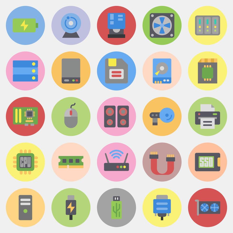 Icon set of computer components. Computer components elements. Icon in color mate style. vector