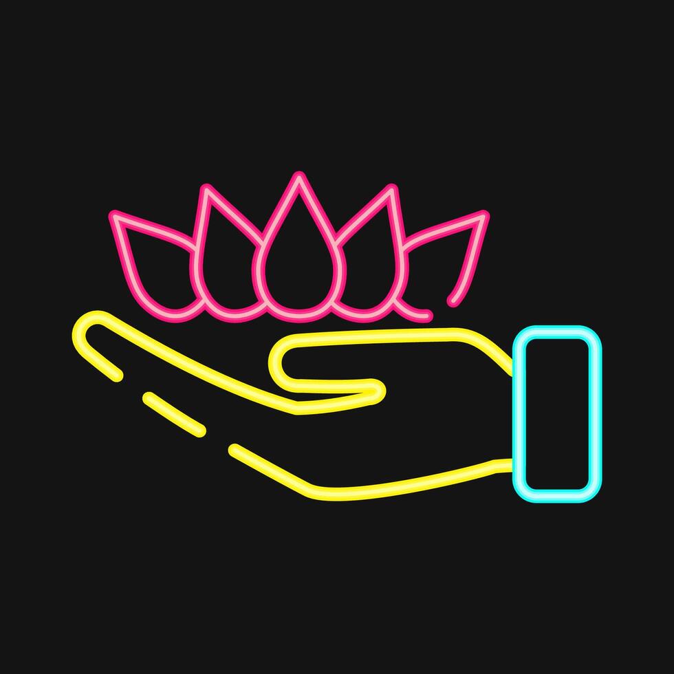 Icon lotus on hand. Buddhism and vesak elements. Icon in neon style. vector
