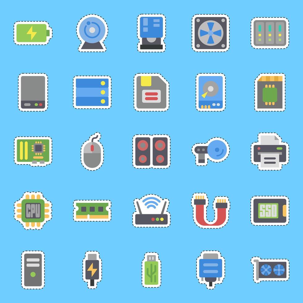 Cutting line sticker set of computer components. Computer components elements. vector